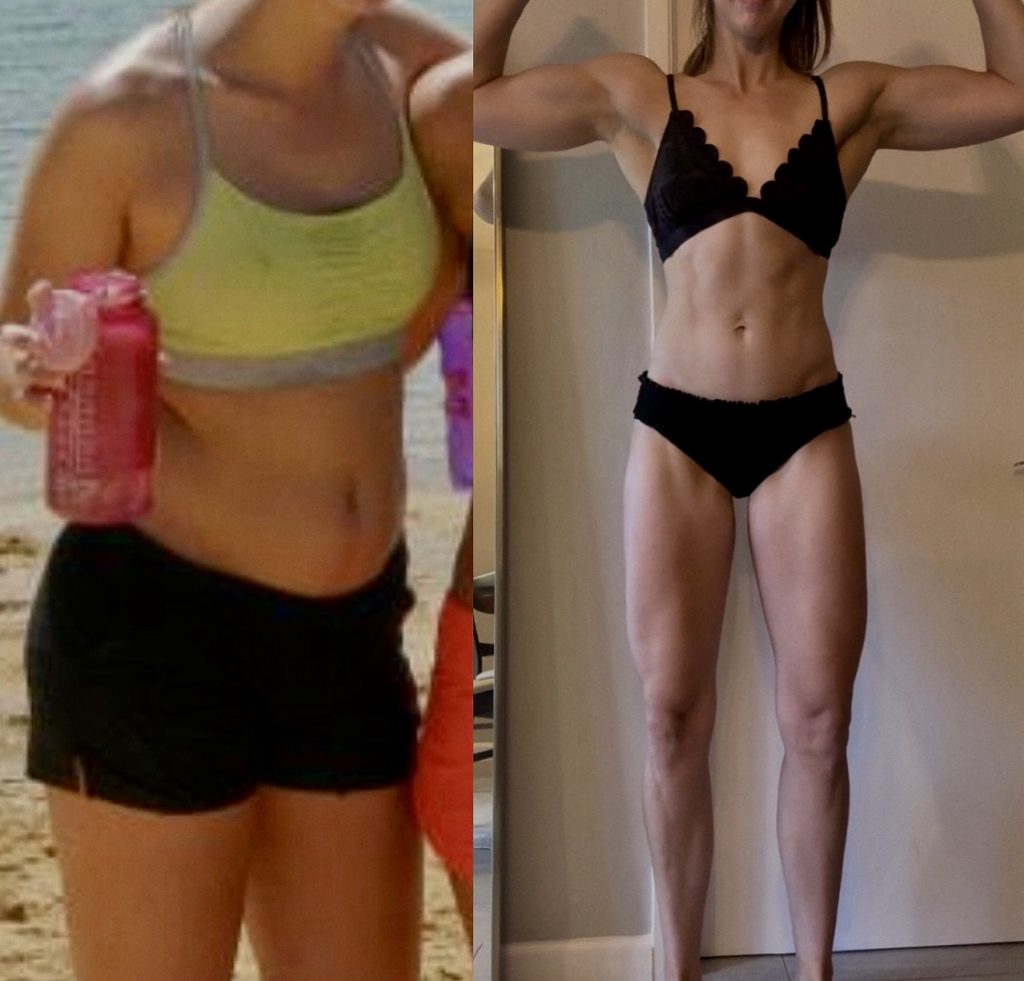 A before and after photo of a 10 year body transformation